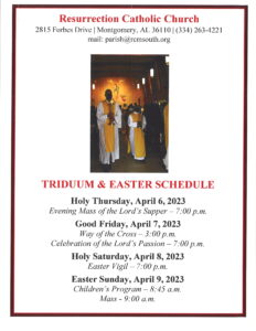 TRIDUUM/EASTER SCHEDULE - Resurrection Catholic Missions Of The South, Inc.